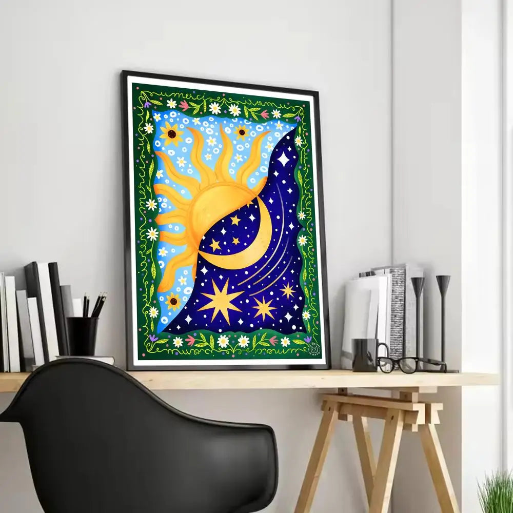 Sun Moon Elegant Canvas Wall Art – Vintage Floral Poster Print Canvas Wall Art Axl Black19 40X50cmFrameless