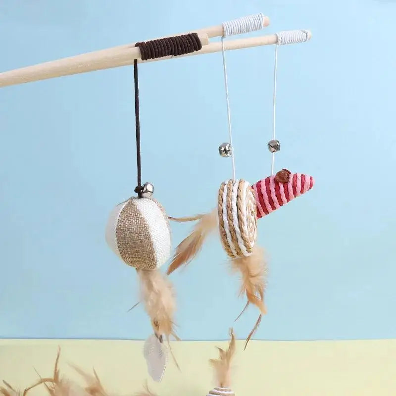Mouse Shape Wooden Cat Teaser Wand with Feather & Bell Cat Teaser Wand Axl