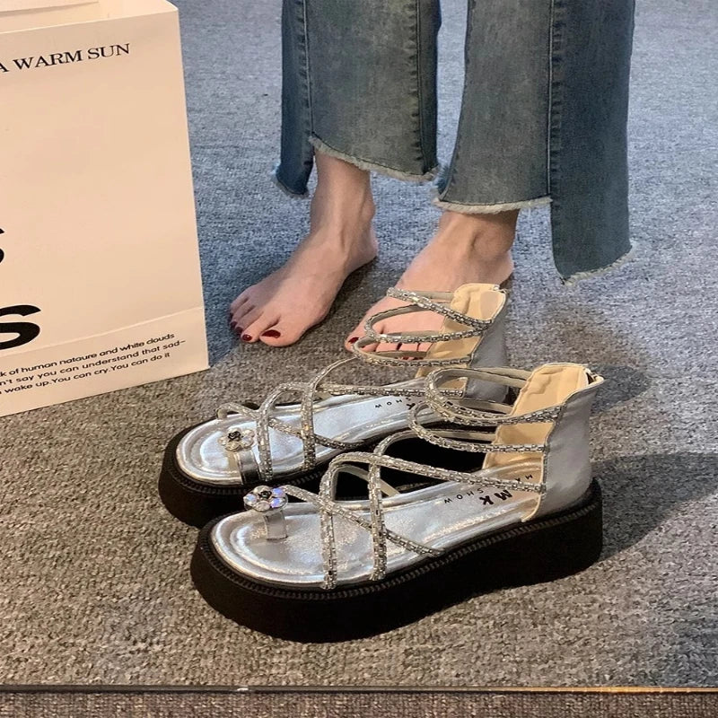 Women's Roma Wedge Platform Sandals – Rhinestone Flower Heels Platform Wedge Sandals Axl