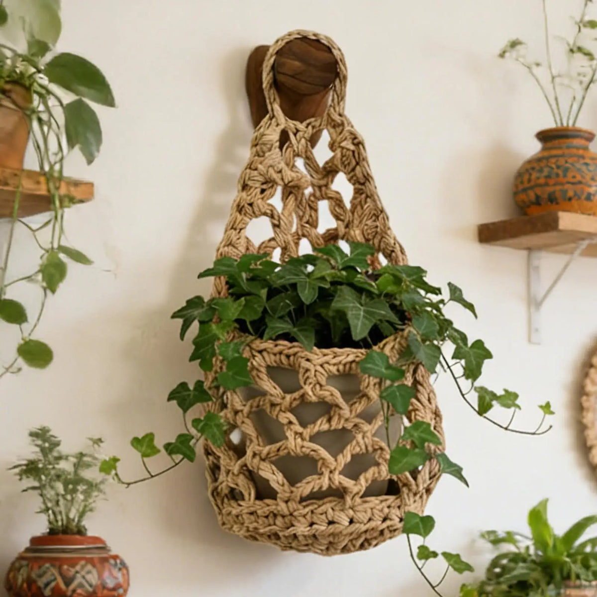 Boho Macrame Wall Plant Hanger – Cotton Rope Woven Basket Hanging Plant Basket Axl