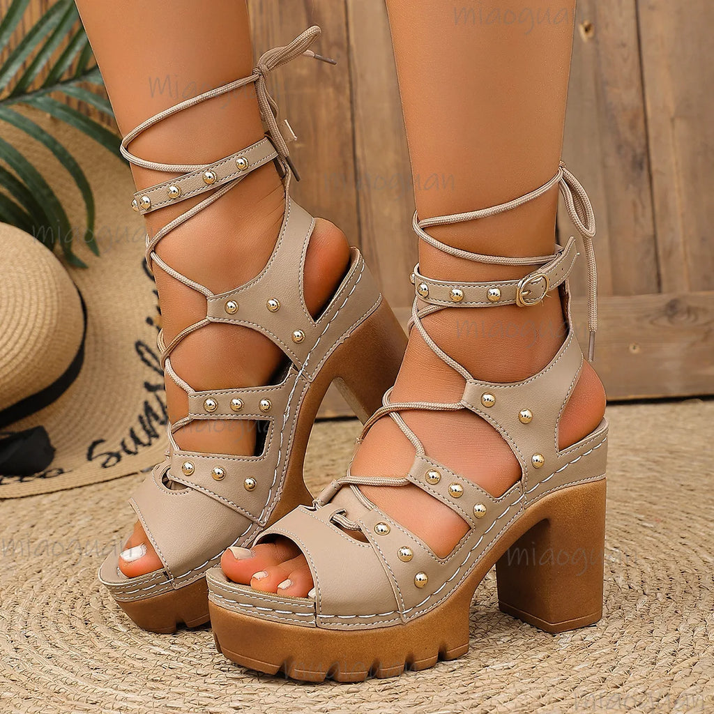 Women's Platform Gladiator Sandals – High Heel Rivet Straps Platform Heeled Sandals Axl