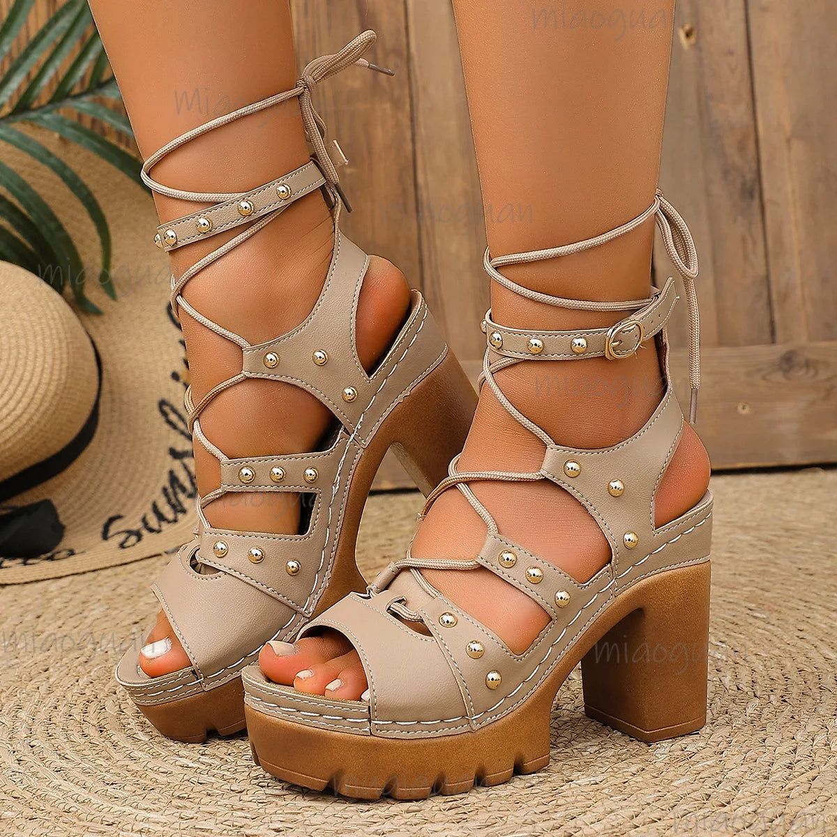 Women's Platform Gladiator Sandals – High Heel Rivet Straps Platform Heeled Sandals Axl