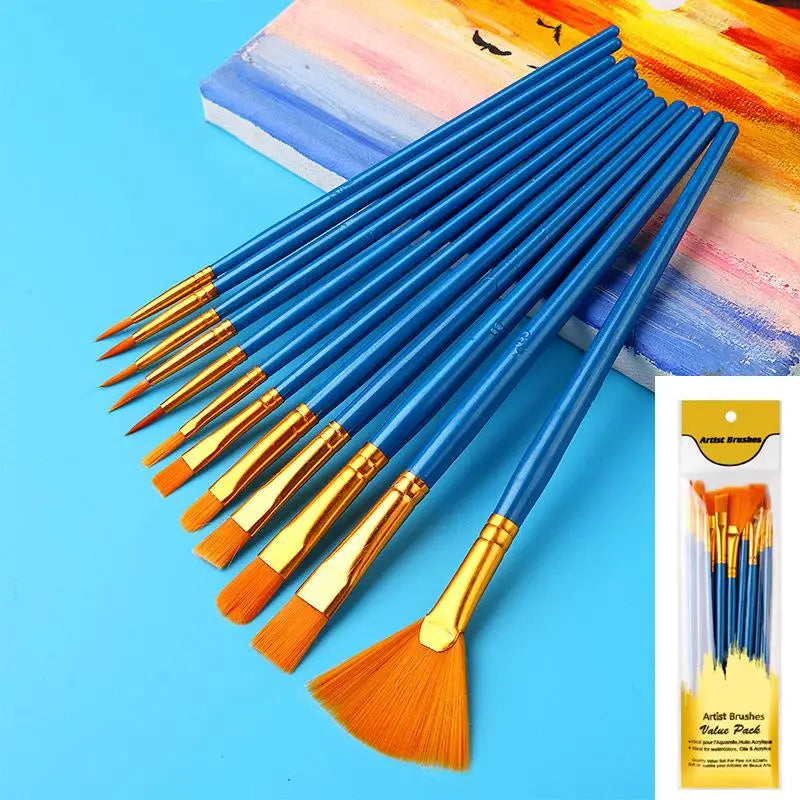 12-Piece Flat Nylon Paint Brush Set – Watercolor, Acrylic & Oil Art Paint Brushes Axl A3