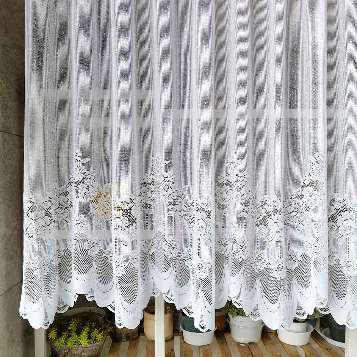 White Lace Chiffon Curtains – Floral Ruffle Pole Pocket Panel Lace Window Curtain Axl W39 H36in (100 90cm)
