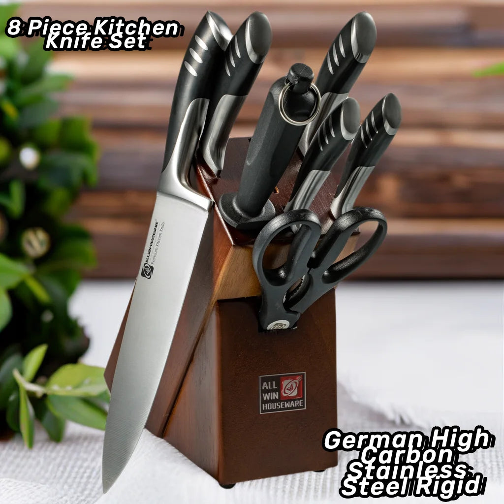 8-Piece German Steel Kitchen Knife Set & Rubber Wood Block Kitchen Knife Set Axl