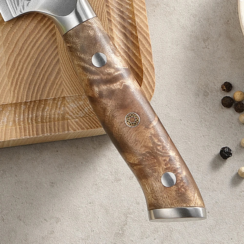 XINZUO 5.3" Damascus Utility Knife – Sycamore Wood Handle Damascus Utility Knife Axl