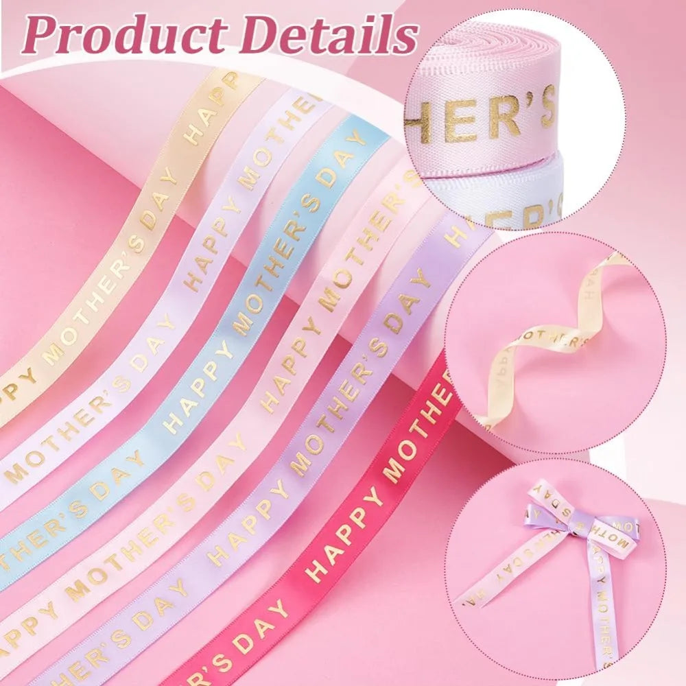 6-Roll Mother's Day Gold Stamping Polyester Ribbons – 6 Colors Decorative Craft Ribbon Axl