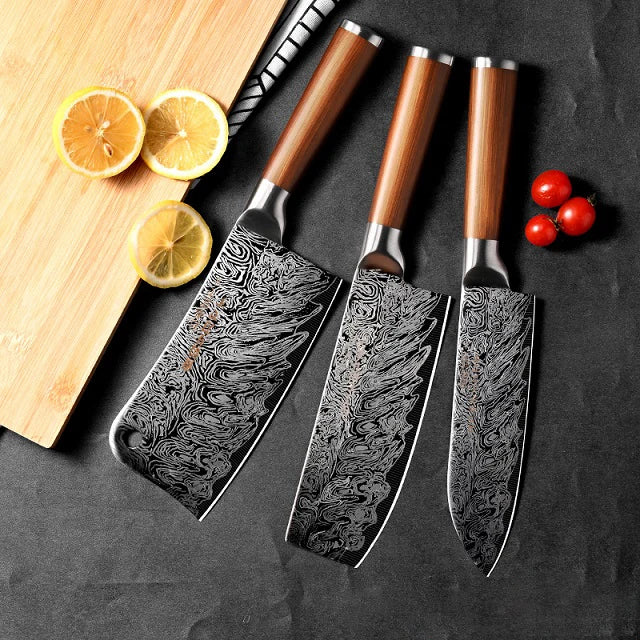 Damascus Steel Kitchen Knife Set 1–4 Pc | PLYS Chef Knives Kitchen Knife Set Axl 3pcs