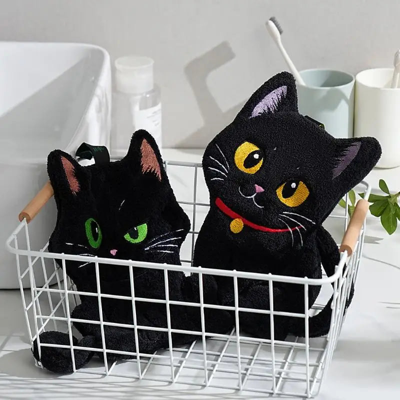 Cartoon Black Cat Hand Towel – Soft Absorbent Coral Fleece Hand Towel Axl