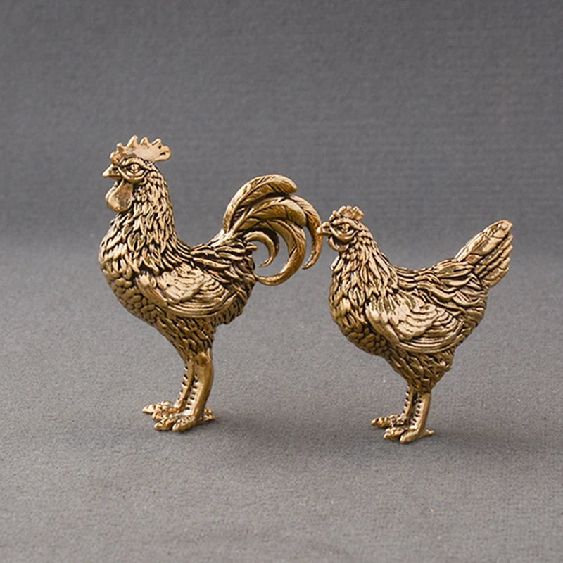 Solid Brass Rooster & Hen Mini Statue – Copper Desk Ornament Miniature Figurine Axl