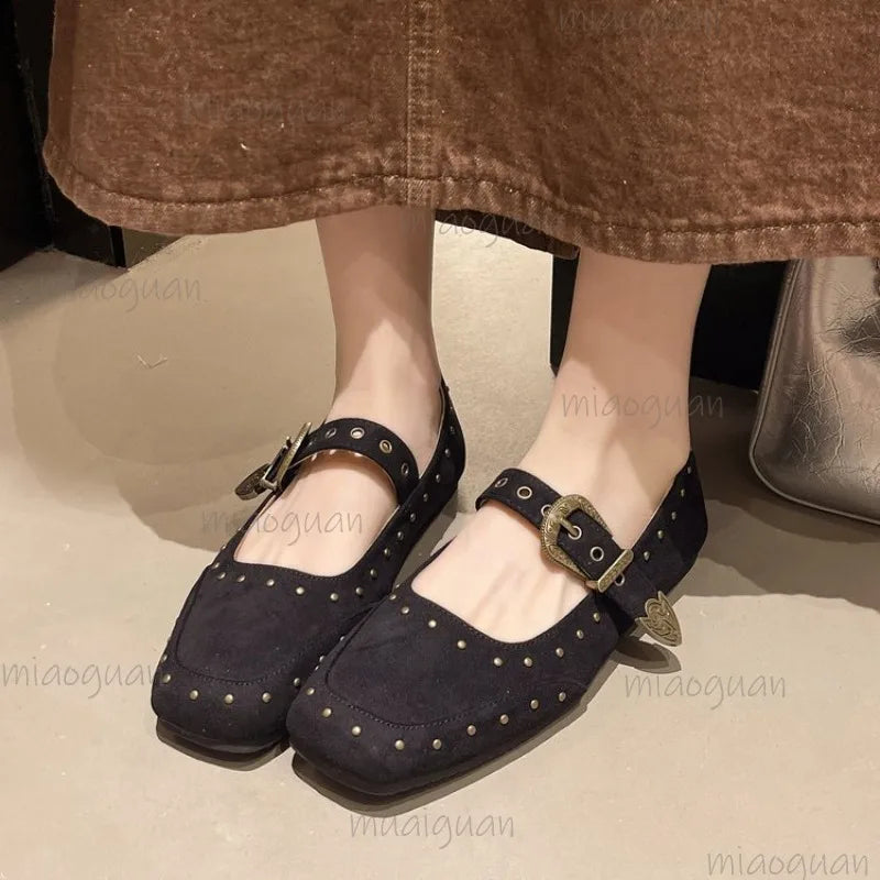 Retro Mary Jane Flats – Square Toe Buckle & Rivet Women's Shoes Women's Flat Shoes Axl