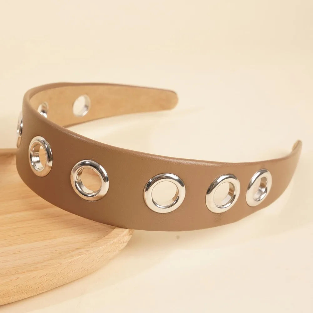 Punk PU Leather Headband | Metal Grommet Steampunk Hair Wrap Punk Hair Headband Axl Khaki