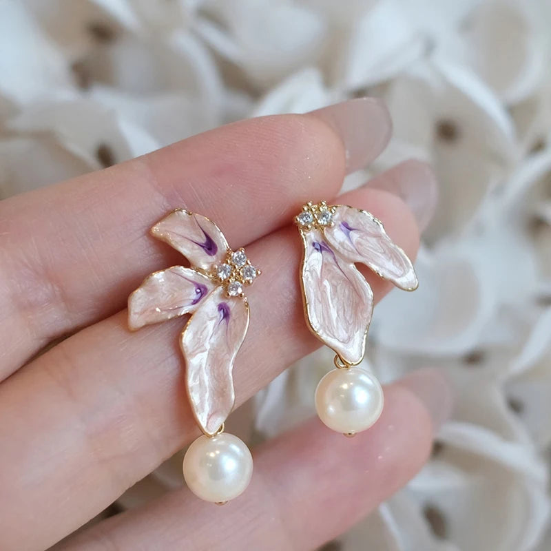 Huitan Pink Enamel Flower & Pearl Drop Earrings | Women Drop Earrings Axl