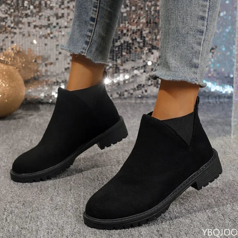 Women's Chunky Heel Suede Ankle Boots – Round Toe Slip-On Ankle Boots Axl