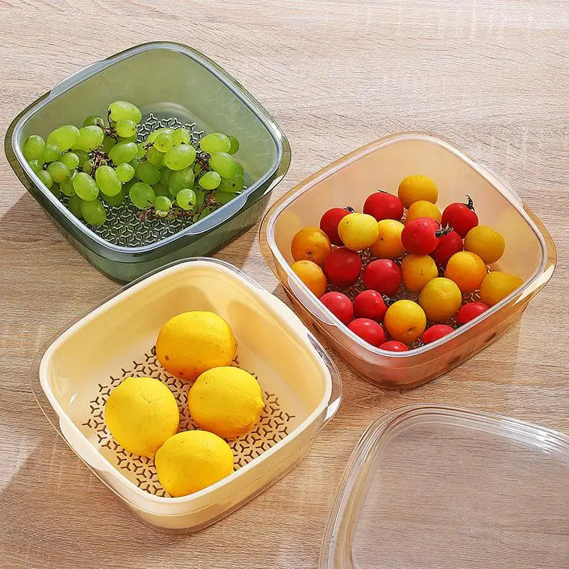 Double Layer Bamboo Fridge Storage Box with Drain Basket & Lid Food Storage Container Axl