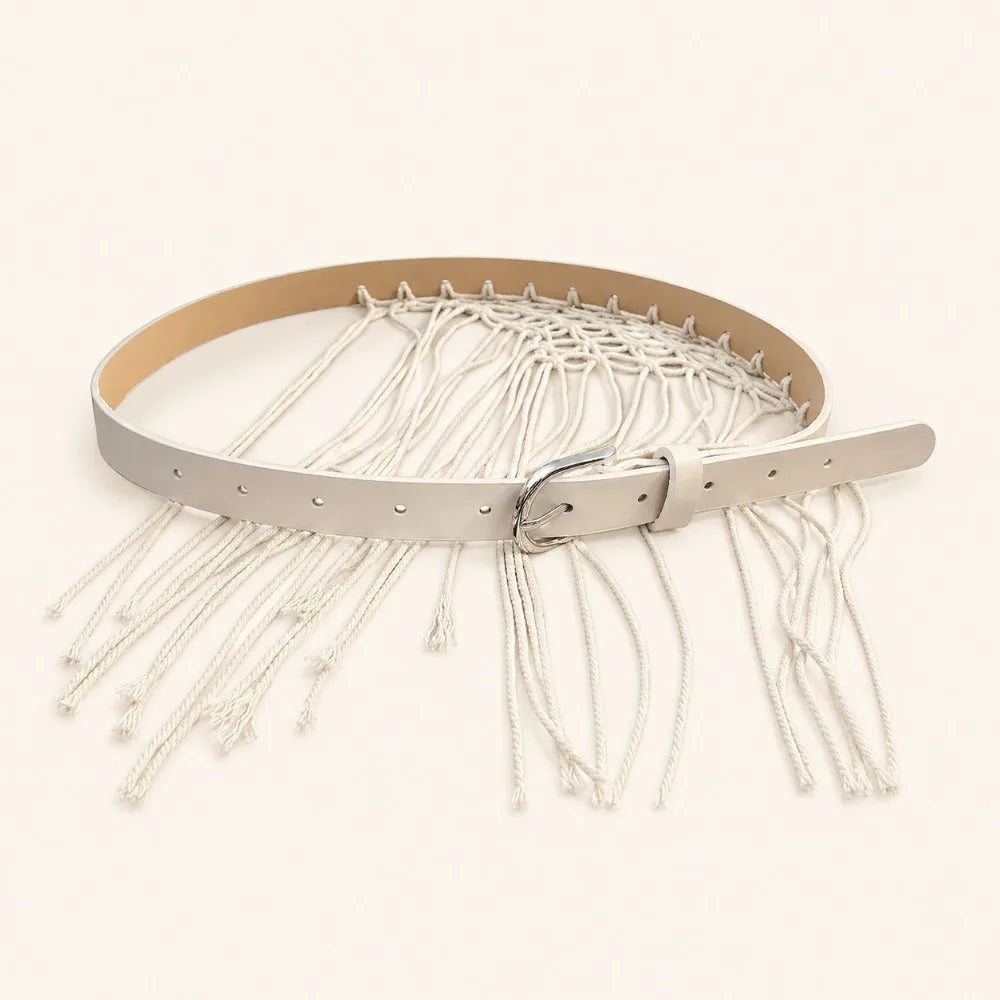 Y2K Tassel Woven Belt – Boho Knit Rope Waistband for Jeans Woven Tassel Belt Axl Beige