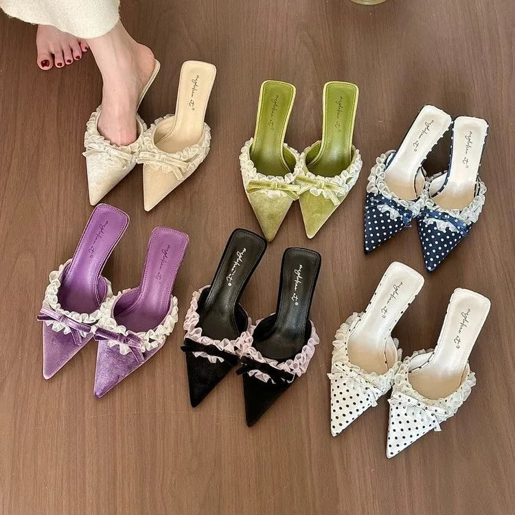 Women's Velvet Stiletto Heeled Slippers – Lace Bow French Style Stiletto Heeled Slippers Axl