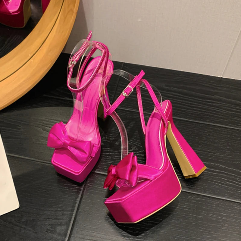 Women's Satin Bowknot Platform High Heel Sandals | Square Toe Platform Heeled Sandals Axl