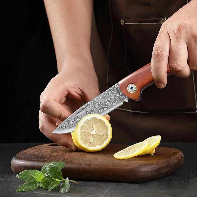 Damascus Steel Folding Knife – Red Sandalwood Handle, 8" Blade Folding Kitchen Knife Axl