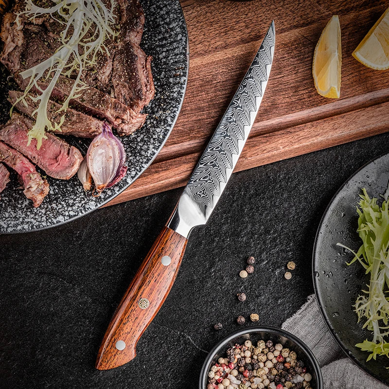 Grandsharp 5" AUS10 Damascus Steak Knife – Rosewood Handle Damascus Kitchen Knife Axl