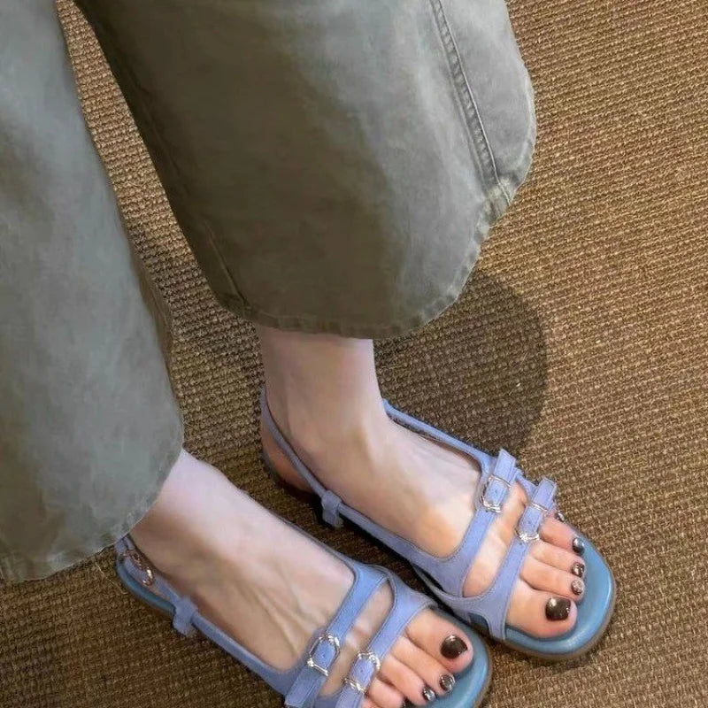 Women's Retro Square Toe Buckle Sandals – Roman Beach Flats Women's Flat Sandals Axl