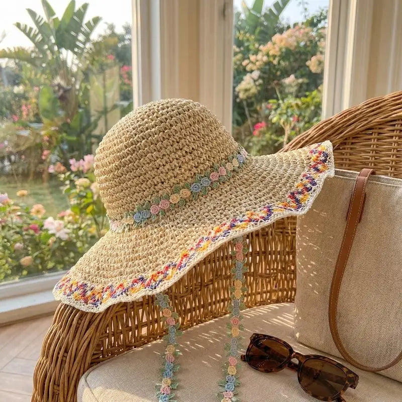 Women's Large Brim Straw Hat – Floral Bow Summer Beach Hat Wide Brim Straw Hat Axl