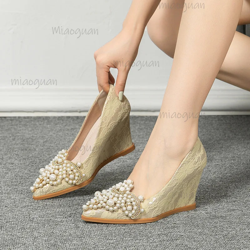 Pearl Embroidered Wedding Pumps – Pointed Toe Wedge Heels Wedding Pumps Axl