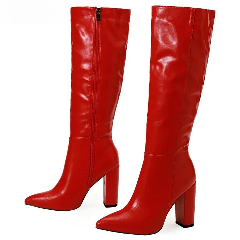 Women's Knee-High Motorcycle Boots | Pointed Toe Square Heel Knee-High Boots Axl