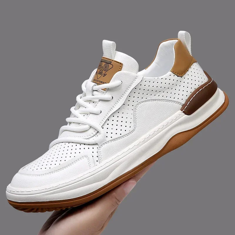 YBQJOO Men's Hollow-Out Leather Sneakers | Lace-Up Casual Shoes Men's Leather Sneakers Axl White cutout 42
