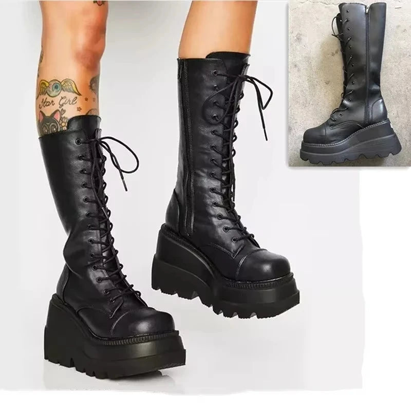 Women's Punk Platform Mid-Calf Boots – Gothic Wedge Motorcycle Platform Motorcycle Boots Axl
