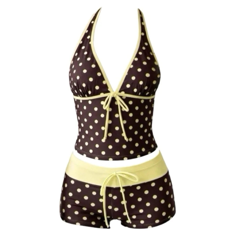 Polka Dot Halter Bikini Set – Deep V Lace-Up Low Waist Swimwear Halter Bikini Set Axl Coffee-Yellow L