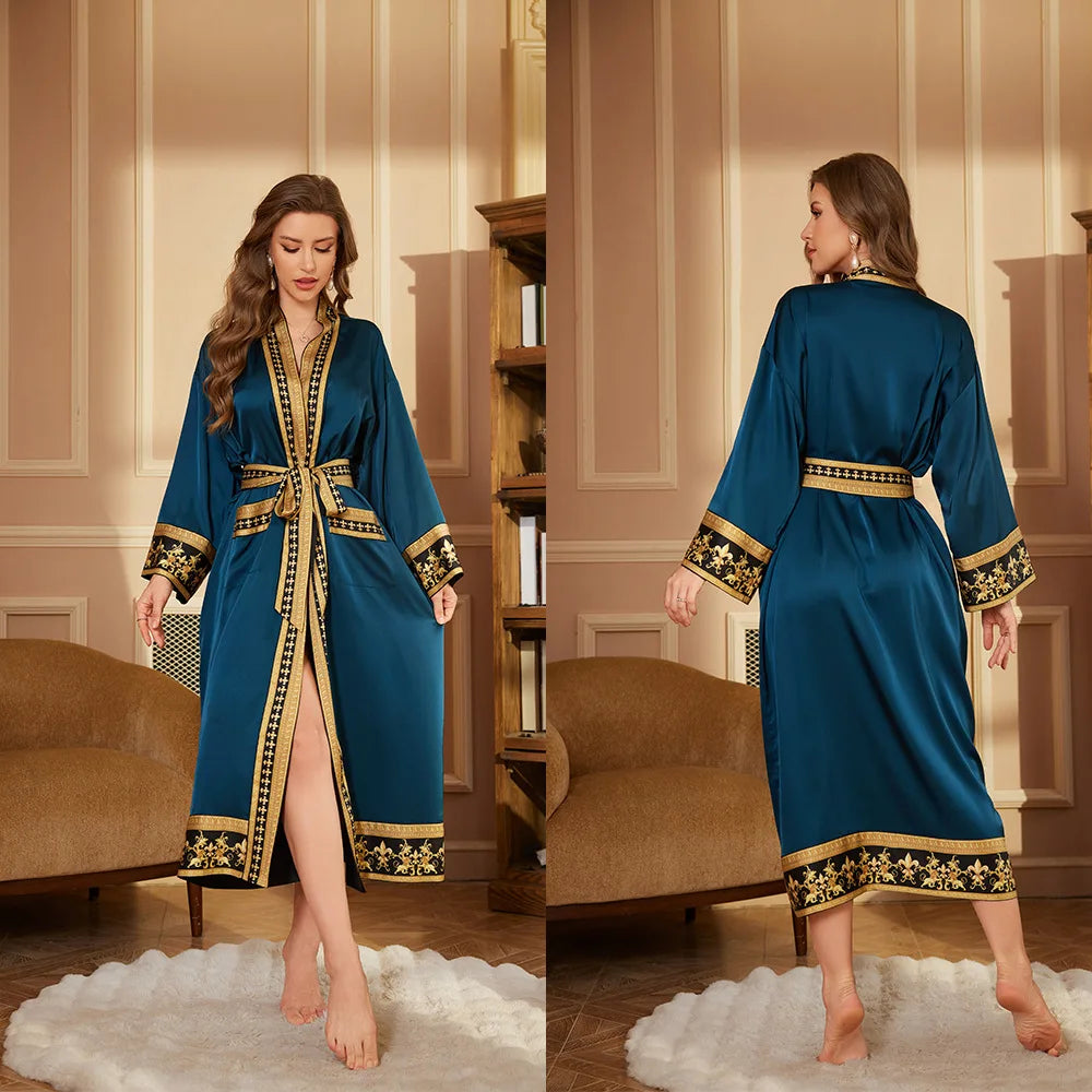 Women's Long Sleeve Printed Lace-Up Robe | Casual Bathrobe Women's Bathrobe Axl dark blue gold One Size