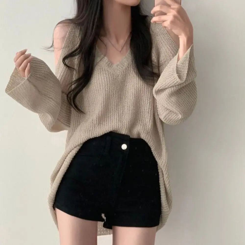Women's Hollow Knit Crochet Pullover – Loose V-Neck Long Top Knit Pullover Top Axl
