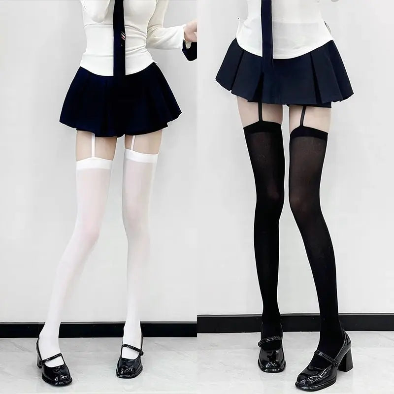 Thigh High Stockings with Garters | Y2K Lolita Over-Knee Socks Thigh High Stockings Axl BlackWhite-2pairs One Size