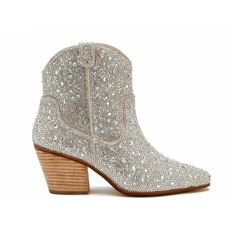 Women's Glitter Cowboy Ankle Boots – Sequin Western High Heel Women's Ankle Boots Axl Champagne 40