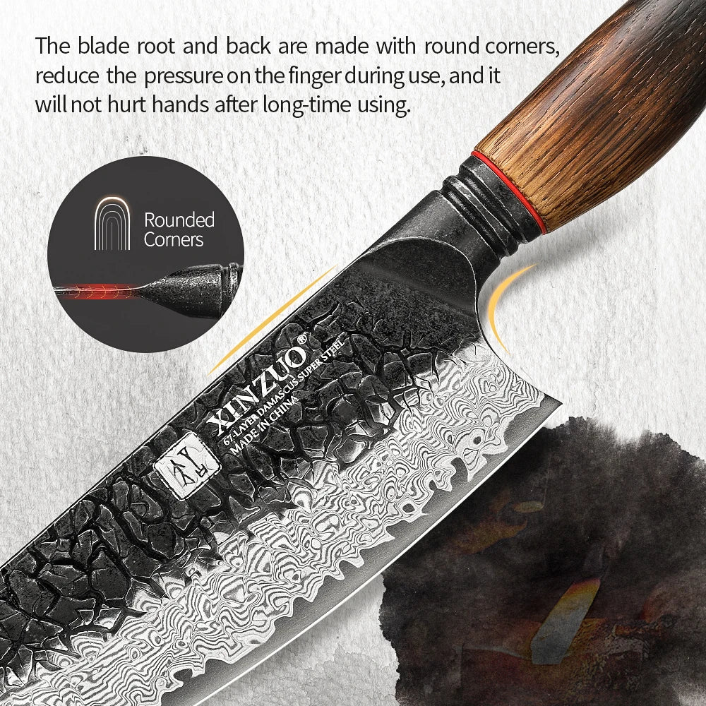 XINZUO 7.6" 67-Layer Damascus Santoku Knife – Oak & G10 Handle Damascus Santoku Knife Axl