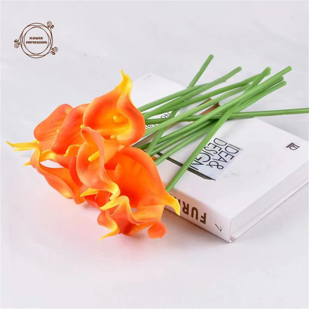 10 Artificial Calla Lily Flowers – Wedding & Home Décor Set Artificial Flowers Axl YellowOrange