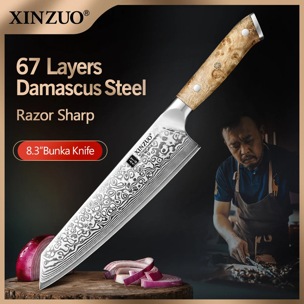 XINZUO 8.27" Damascus Bunka Chef Knife – 67-Layer, Sycamore Handle Damascus Chef Knife Axl China Mainland