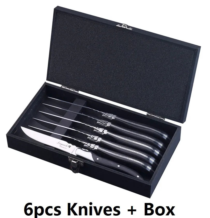 Laguiole Steak Knives Set – Black Wood Handle Stainless Steel Steak Knife Set Axl 6pcs knife box