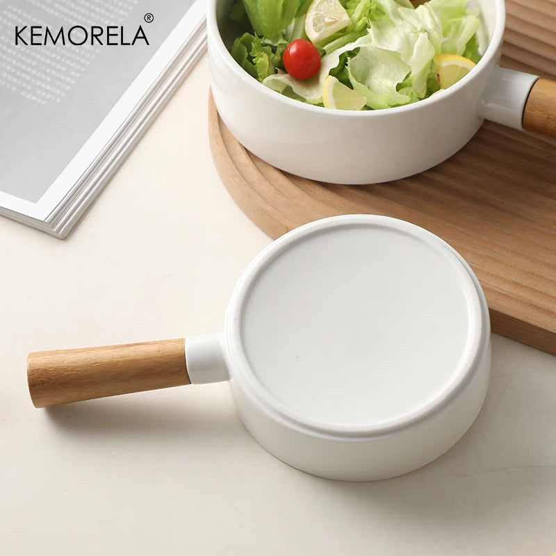 KEMORELA Ceramic Salad Bowl with Wooden Handle | Dinner Bowl Ceramic Dinnerware Bowl Axl