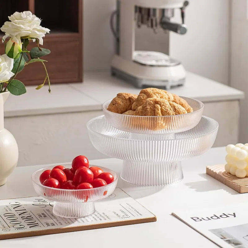 Clear Ribbed Glass Pedestal Fruit Bowl – Elegant Kitchen Decor Glass Pedestal Bowl Axl