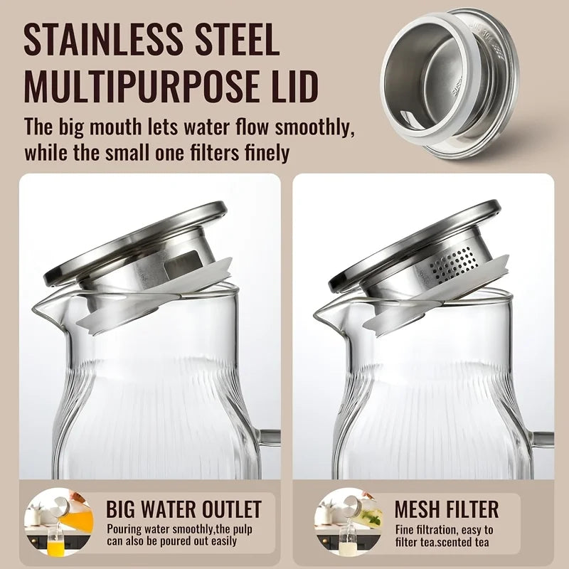 KEMORELA 2L Glass Kettle – Stripe Design, Lid & Cleaning Brush Glass Beverage Kettle Axl