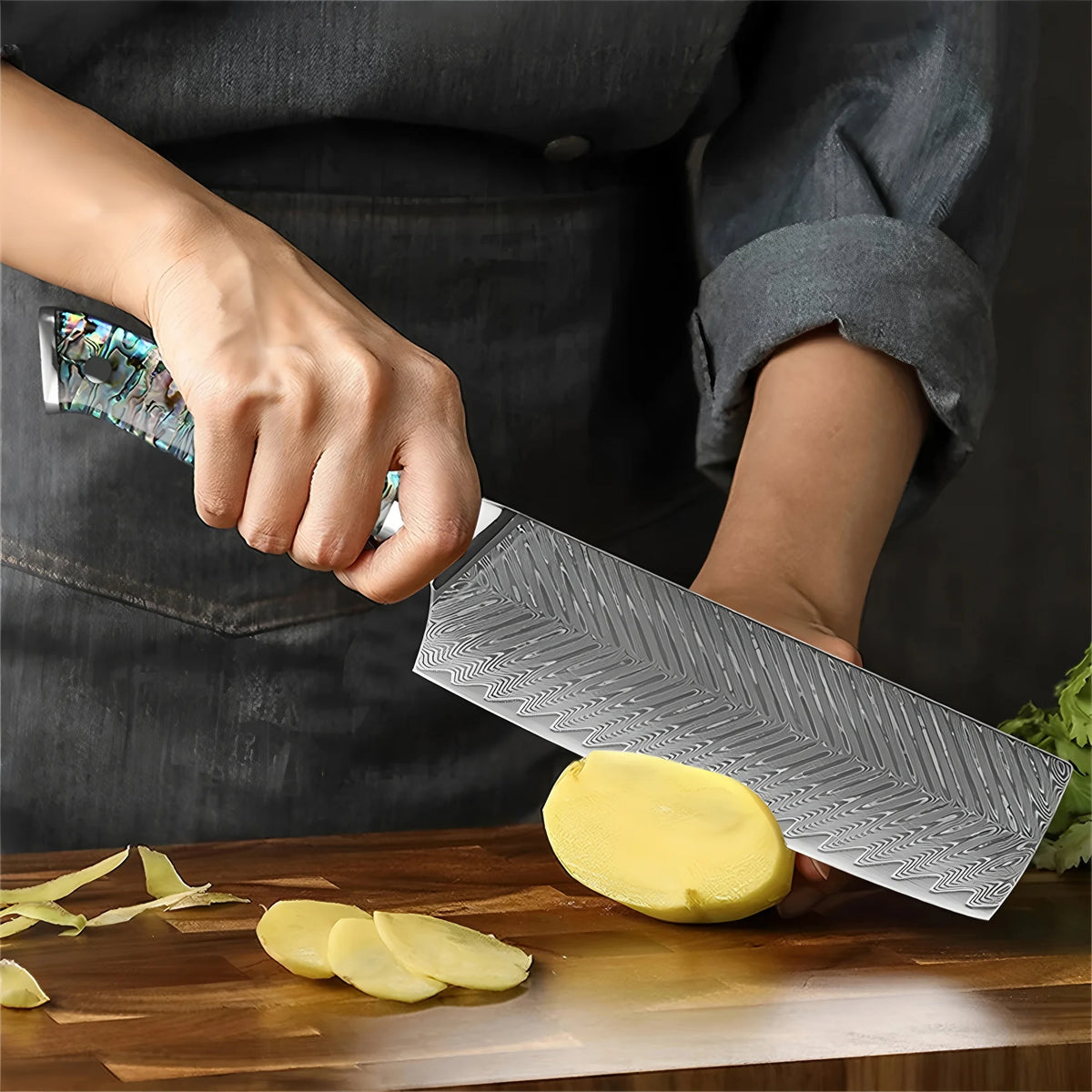 Nakiri Knife 67-Layer Damascus Steel & Abalone Shell Handle Damascus Nakiri Knife Axl