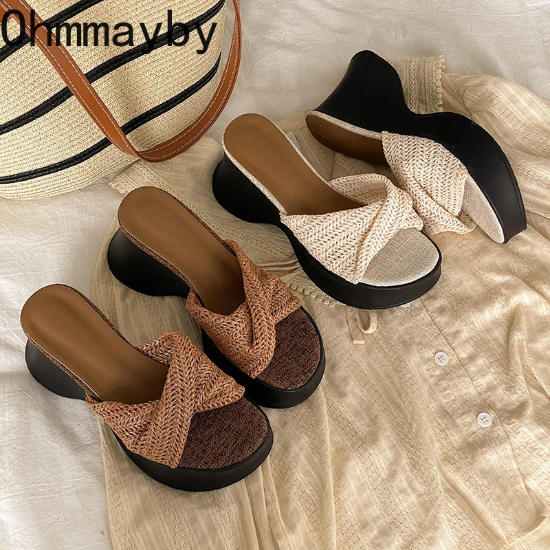 Women's Woven Platform Wedge Sandals – Open Toe Slides Platform Wedge Sandals Axl