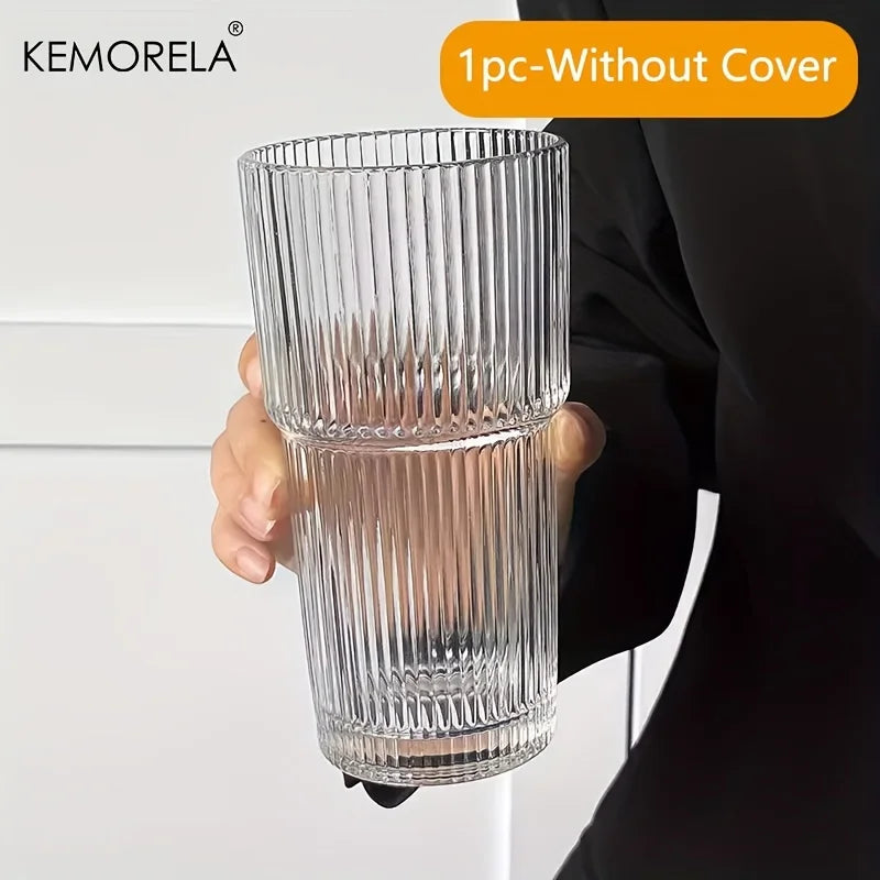 KEMORELA 600ml Striped Glass Cup with Lid & Straw | Iced Drinks Glass Drinking Cup Axl Without Cover 601-700ml