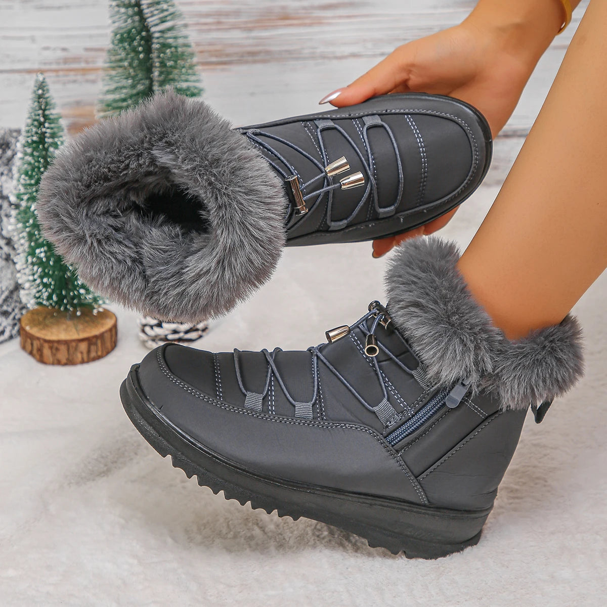 Women's Waterproof Faux Fur Ankle Snow Boots | Non-Slip Wedge Women's Snow Boots Axl grey 42