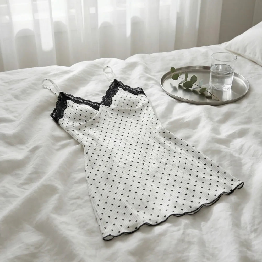 Women's Heart Print Lace Camisole Nightdress | Sleepwear S–XXL Camisole Nightdress Axl
