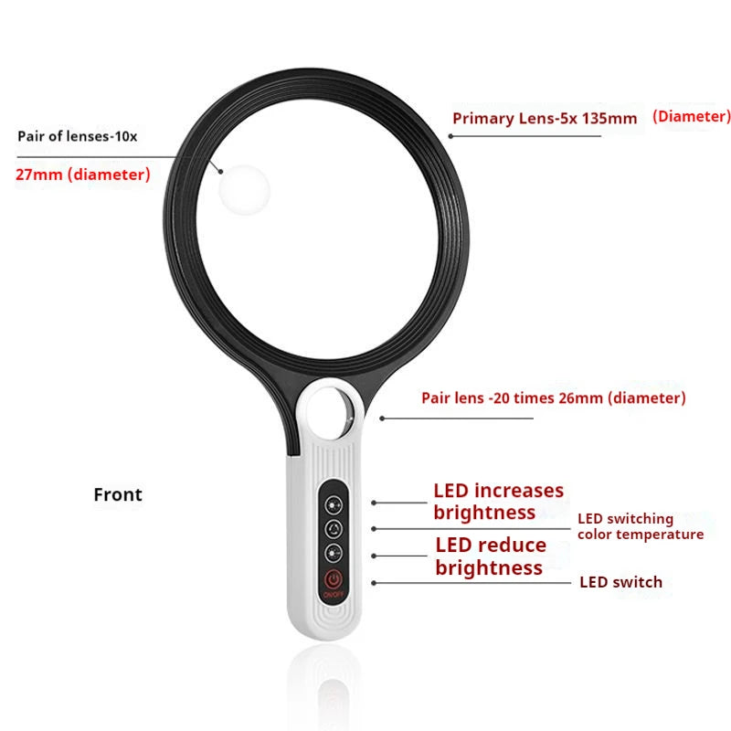 135mm LED Handheld Magnifying Glass – Tri-Color, 5–10x Zoom LED Magnifying Glass Axl