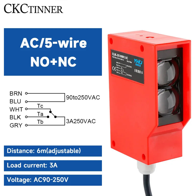 E3JK-DS100 6M Photoelectric Sensor 24V–220V AC/DC Waterproof Photoelectric Sensor Axl AC90-250V 5wire