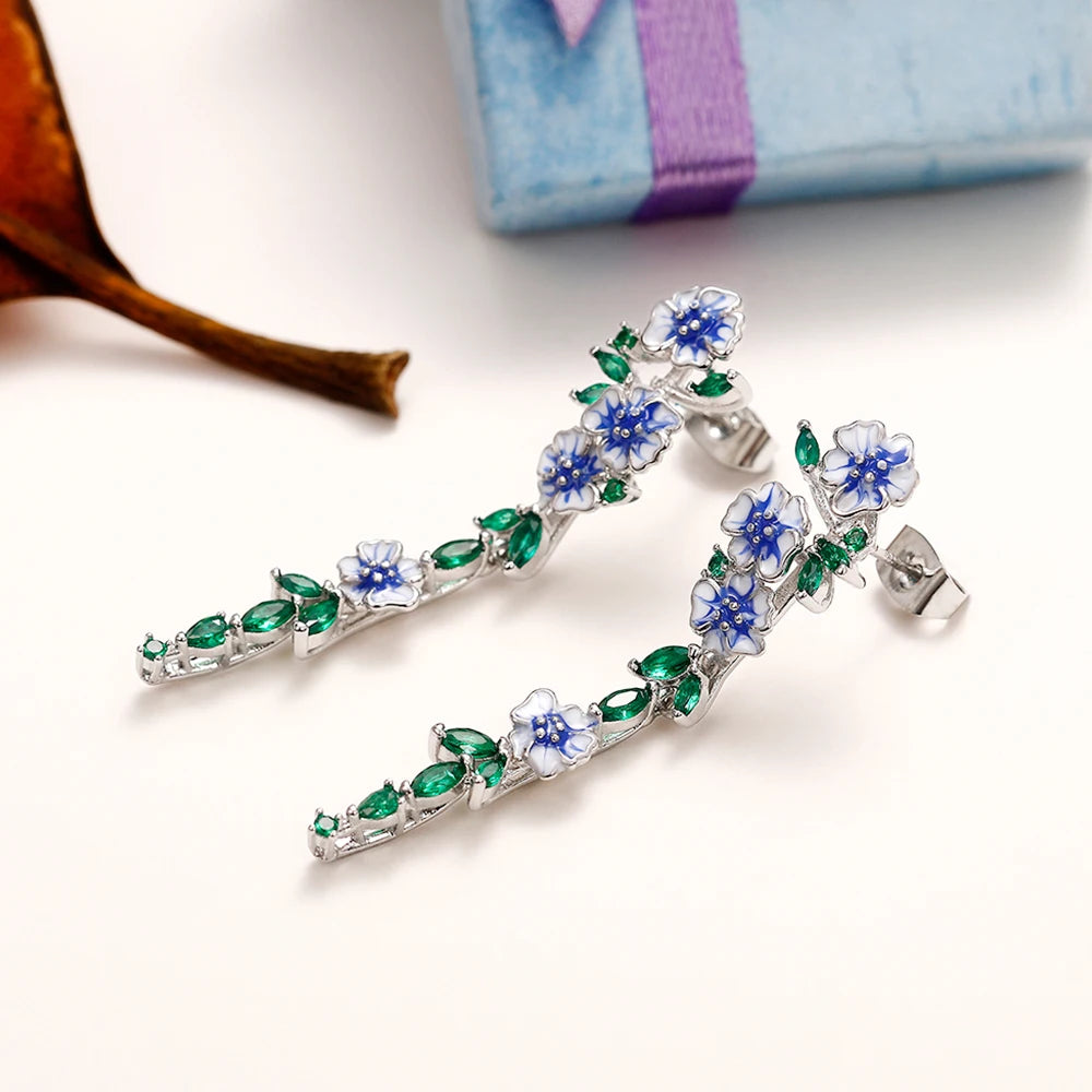 Huitan Vintage Enamel Blue Flower Dangle Earrings Women Dangle Drop Earrings Axl